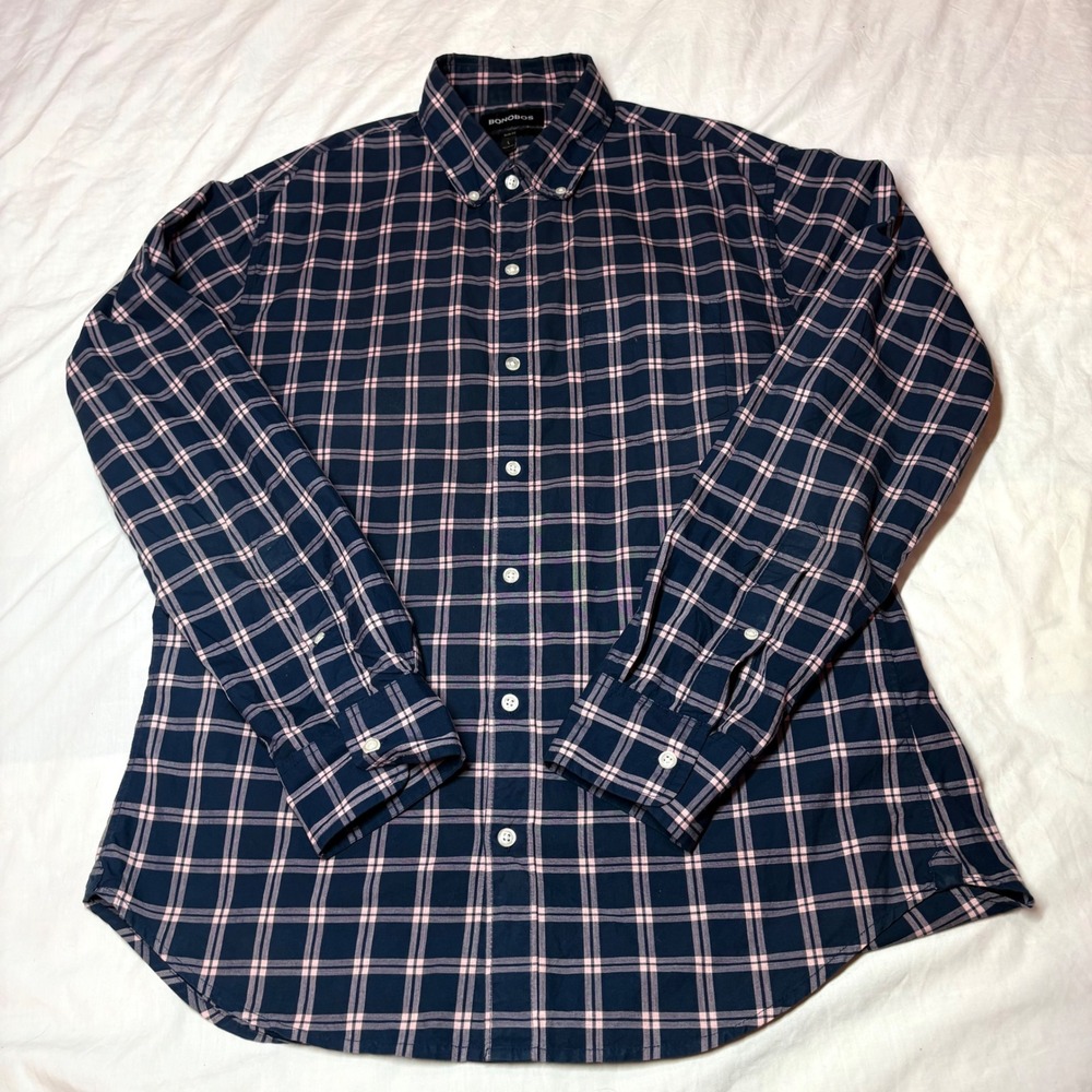 BONOBOS Mens Slim Fit Navy Pink Plaid Button Down Shirt Size‎ L